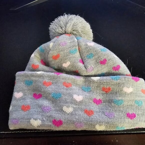Girls Eddie Bauer Beanie Skull Cap Hat Size M/L Medium Large Gray Pink Hearts - Picture 2 of 2